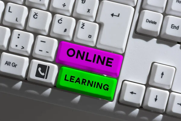 Exibição Conceitual Aprendizagem Online Word Larning Com Ajuda Internet Computador — Fotografia de Stock