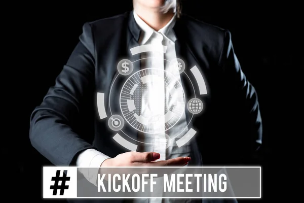 Textschild Zum Kickoff Meeting Businessübersicht Spezielle Diskussion Über Die Rechtmäßigkeiten — Stockfoto