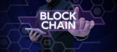 İlham Block Chain 'i gösteren metin, bitcoin cinsinden yapılan işlemlerin kaydedildiği iş genel görünüm sistemi