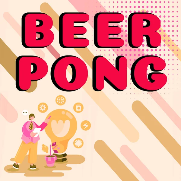 概念的なキャプションビールポン 単語ビールを含むカップのセットでゲームに書かれ ピンポンボールを跳んだり投げたりする — ストック写真