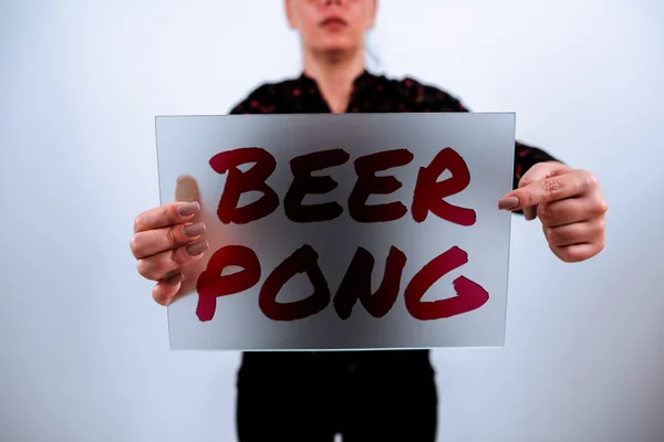 Text showing inspiration Beer Pong, Word Written on a game with a set of beer-containing cups and bouncing or tossing a Ping-Pong ball