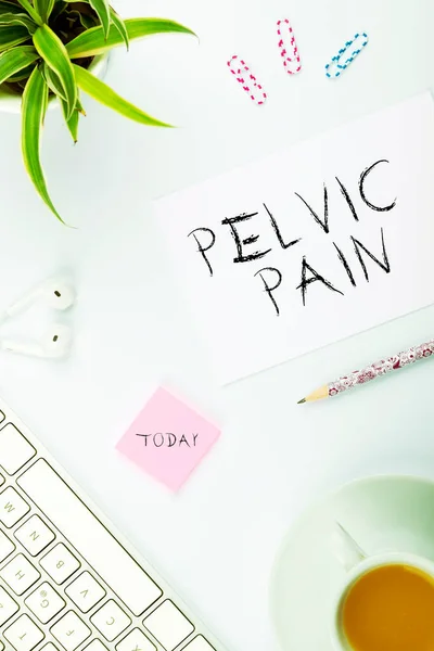 Text caption presenting Pelvic Pain, Business concept Pain perceived in the area of the lower part of the abdomen