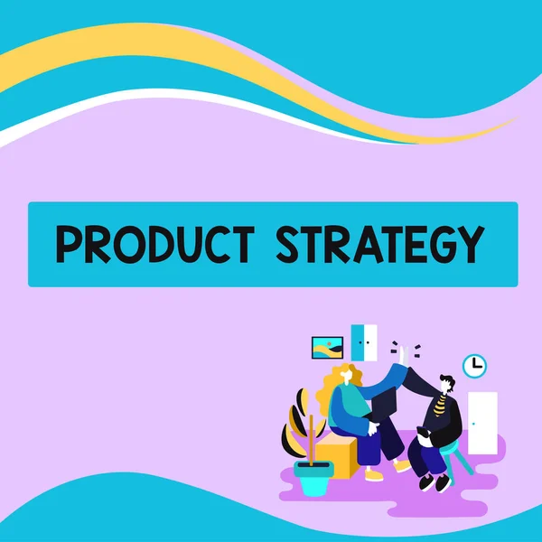 显示产品战略的文字标志 商业理念 成功产品生产的长远规划发展 — 图库照片
