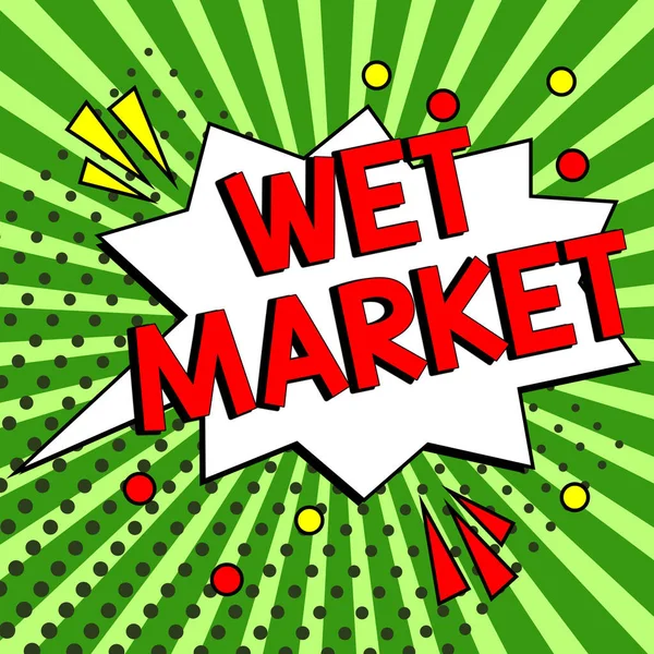 Conceptual caption Wet Market, Business idea market selling fresh meat fish produce and other perishable goods