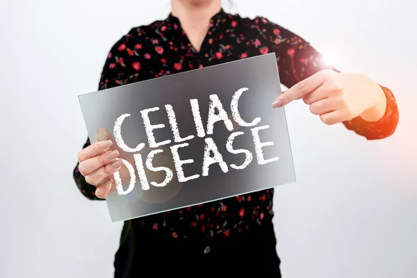 Text sign showing Celiac Disease, Business approach Small intestine is hypersensitive to gluten Digestion problem