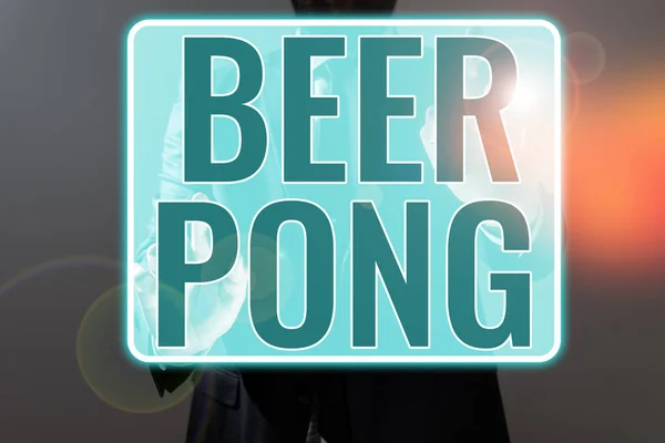 Conceptual display Beer Pong, Word for a game with a set of beer-containing cups and bouncing or tossing a Ping-Pong ball