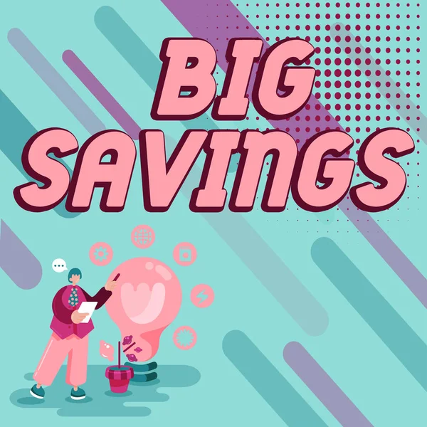 Sinal Texto Mostrando Big Savings Palavra Renda Não Gasto Consumo — Fotografia de Stock