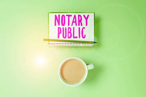 Text caption presenting Notary Public, Business approach Legality Documentation Authorization Certification Contract