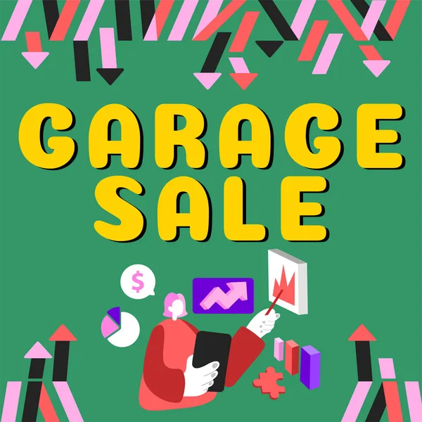 Text sign showing Garage Sale, Word for sale of miscellaneous household goods often held in the garage