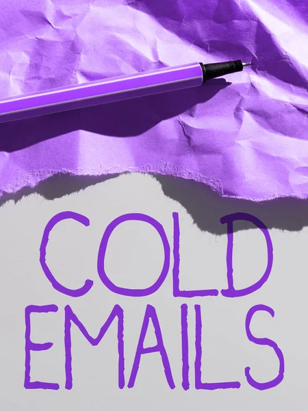Writing displaying text Cold Emails, Concept meaning unsolicited email sent to a receiver without prior contact