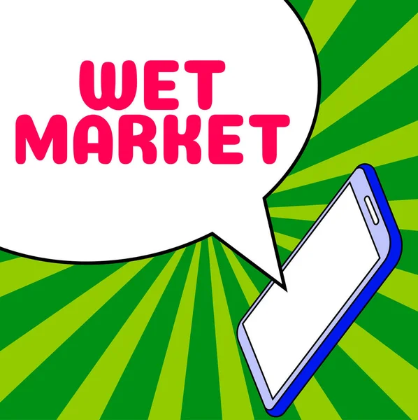 コンセプト表示ウェットマーケット 新鮮な肉魚製品やその他の生鮮食品を販売する事業概要市場 — ストック写真