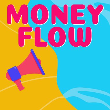 Para akışını, kavramsal fotoğrafı, iş yerindeki para miktarını gösteren metin işareti.