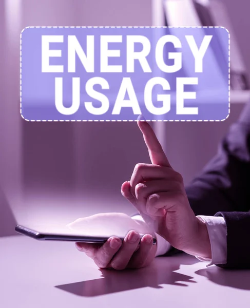 Znak Tekstowy Pokazujący Zużycie Energii Przegląd Działalności Ilość Energii Zużytej — Zdjęcie stockowe