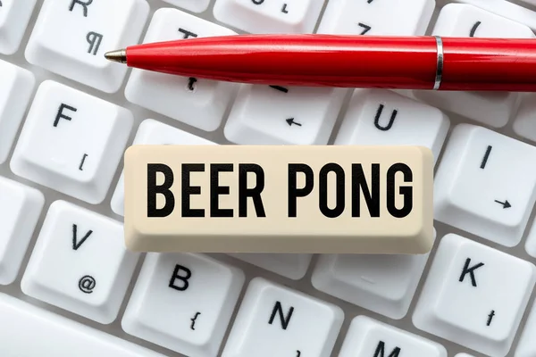 Text caption presenting Beer Pong, Business idea a game with a set of beer-containing cups and bouncing or tossing a Ping-Pong ball
