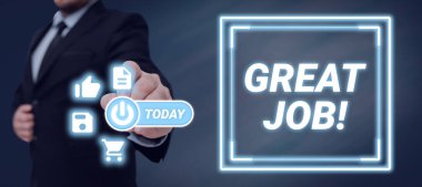 Kavramsal başlık Harika İş, İş Vitrininde çok iyi yaptığı bir şey için birini övmek kullanıldı