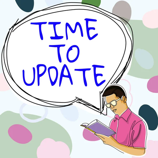 Sinal Texto Mostrando Time Update Word Para Informações Mais Recentes — Fotografia de Stock