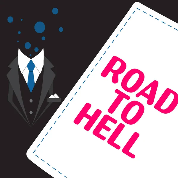 Hand Skriva Skylt Road Hell Word Extremt Farlig Passage Mörk — Stockfoto
