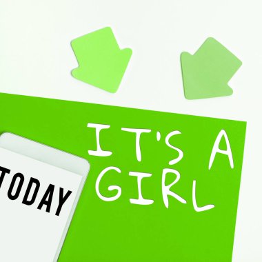 El yazısı bir kız, iş konsepti. Bir kadın bebek pastel renkler bekliyor.