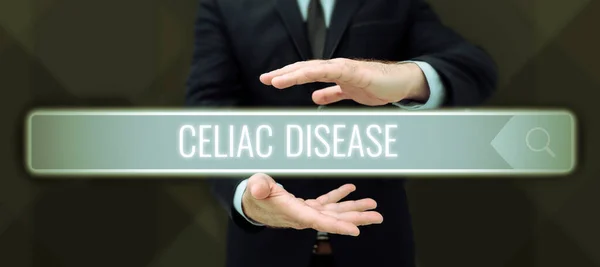 Conceptual caption Celiac Disease, Word Written on Small intestine is hypersensitive to gluten Digestion problem