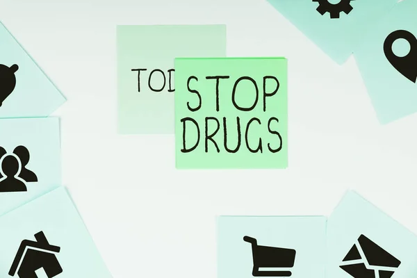 Sinal Texto Mostrando Stop Drugs Conceito Negócio Põe Fim Dependência — Fotografia de Stock