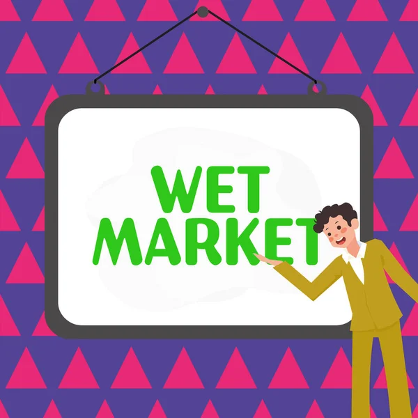 Conceptual caption Wet Market, Business concept market selling fresh meat fish produce and other perishable goods