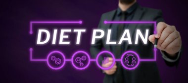 Text caption presenting Diet Plan, Concept meaning Use of specific intake of nutrition for health management reasons