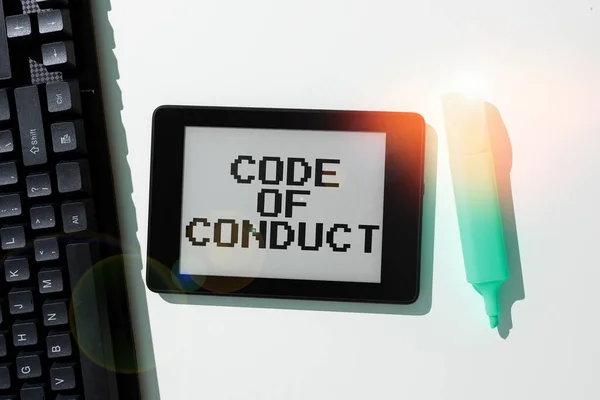 Text showing inspiration Code Of Conduct, Word for Ethics rules moral codes ethical principles values respect
