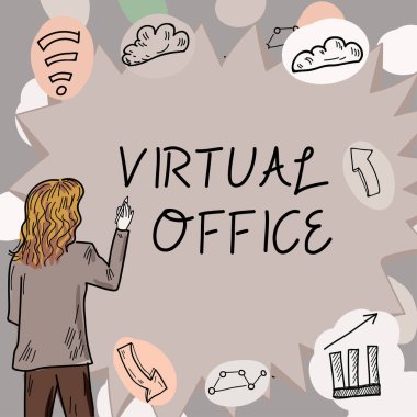 Telekomünikasyon bağlantılarıyla donatılmış ilham verici Sanal Ofis, Kavramsal Fotoğraf Mobil çalışma ortamı gösteren metin