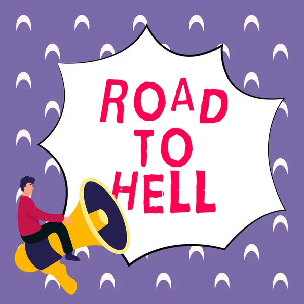 標識表示道路へ地獄へ ビジネスショーケース非常に危険な通路暗い危険安全ではない旅行 — ストック写真