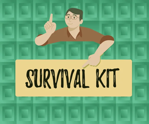 Handwriting text Survival Kit, Business concept Emergency Equipment Collection of items to help someone