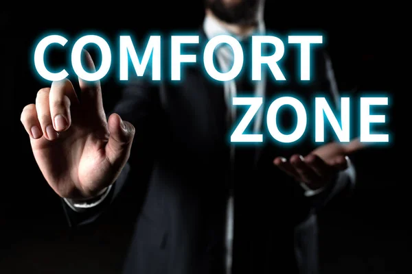 Text caption presenting Comfort Zone, Concept meaning A situation where one feels safe or at ease have Control