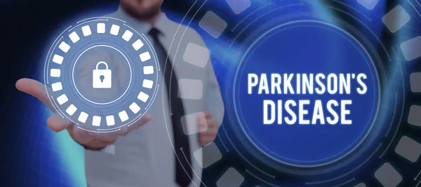 Stock image Text sign showing Parkinsons Disease, Word Written on nervous system disorder that affects movement and cognitive abilities