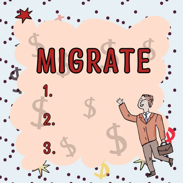 Inspiração Mostrando Sinal Migrar Palavra Escrito Para Mover Viajar Lugar — Fotografia de Stock