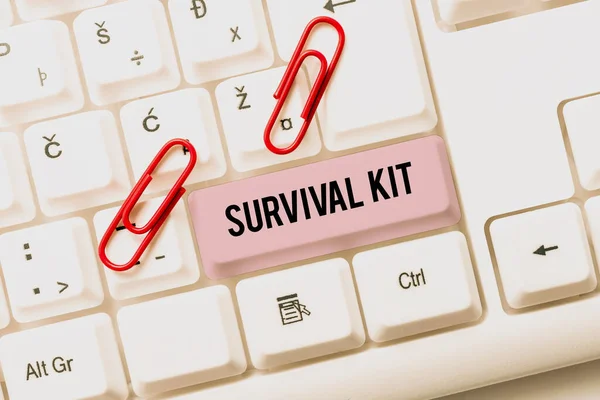 Conceptual display Survival Kit, Word for Emergency Equipment Collection of items to help someone