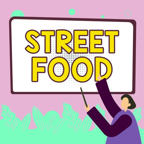 Text Sign Showing Street Food Business Approach Cooked Food Sold — Stok fotoğraf