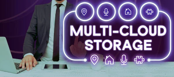 Conceptual display Multi Cloud Storage, Business approach use of multiple cloud computing and storage services