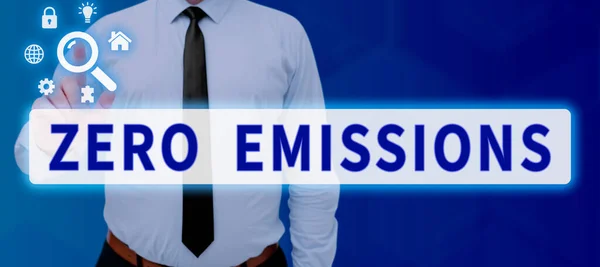Text sign showing Zero Emissions, Business overview emits no waste products that pollute the environment