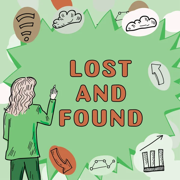 Conceptual caption Lost And Found, Concept meaning Place where you can find forgotten things Search service