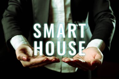 Akıllı Ev kavramsal görüntüleme, elektronik cihazları olan ve uzaktan kontrol edilen kavramsal fotoğraf evleri