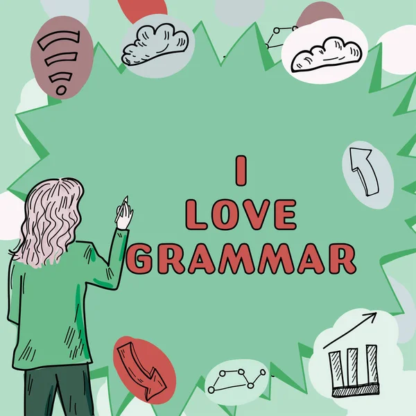 Inspiration Visar Tecken Jag Älskar Grammatik Word Skrivet Beundran System — Stockfoto