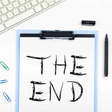 Writing displaying text The End, Business showcase Final part of play relationship event movie act Finish Conclusion