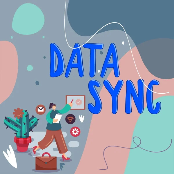 Handschreibzeichen Data Sync Geschäftsansatzdaten Die Kontinuierlich Aus Verschiedenen Quellen Generiert — Stockfoto