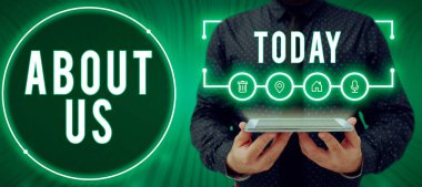 Hand writing sign About Us, Business idea to introduce who or what something relates to or concerns