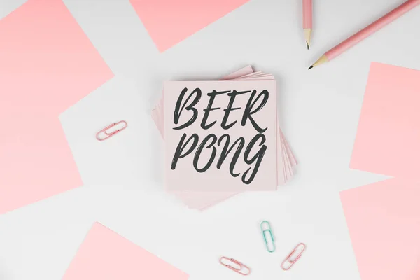 Text caption presenting Beer Pong, Business overview a game with a set of beer-containing cups and bouncing or tossing a Ping-Pong ball