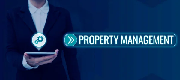 Text caption presenting Property Management, Concept meaning Overseeing of Real Estate Preserved value of Facility