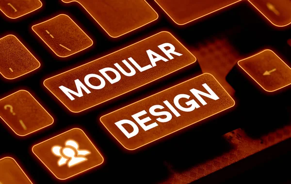 Text caption presenting Modular Design, Business concept product designing to produce product by integrating or combining independent parts