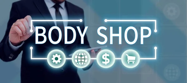 Sign displaying Body Shop, Business overview a shop where automotive bodies are made or repaired