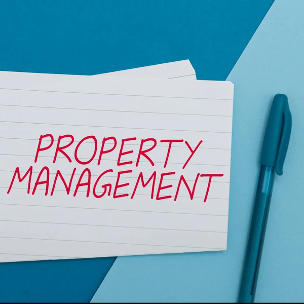 Text caption presenting Property Management, Business concept Overseeing of Real Estate Preserved value of Facility