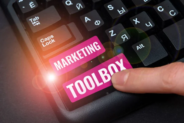 Affichage Conceptuel Marketing Toolbox Business Showcase Moyens Promotion Produit Service — Photo