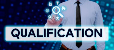 Writing displaying text Qualification, Business idea Officially permission and certification to perform a particular job